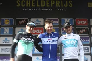 The Scheldeprijs podium: Pascal Ackermann, Fabio Jacobsen and Chris Lawless
