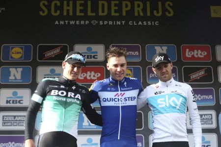 The Scheldeprijs podium: Pascal Ackermann, Fabio Jacobsen and Chris Lawless