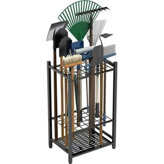 A black metal garden tool organizer for long-handled tools