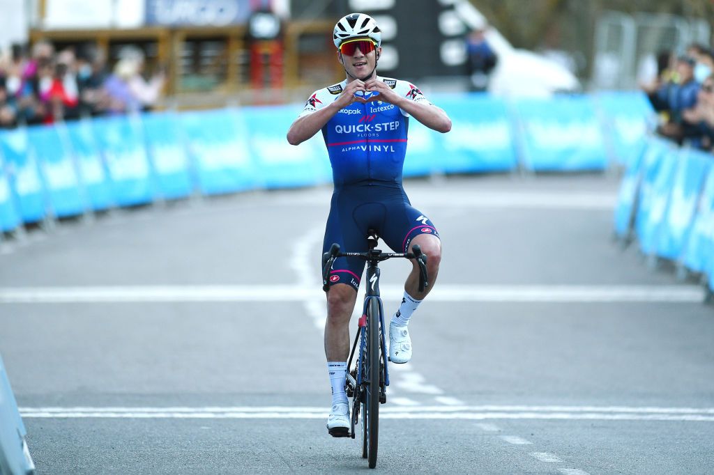 TORRALBA DEL PINAR SPAIN FEBRUARY 02 Remco Evenepoel of Belgium and Team QuickStep Alpha Vinyl celebrates at finish line as stage winner during the 73rd Volta A La Comunitat Valenciana 2022 Stage 1 a 1667km stage from Les Alqueries to Torralba Del Pinar 735m VCV2022 on February 02 2022 in Torralba Del Pinar Spain Photo by Dario BelingheriGetty Images
