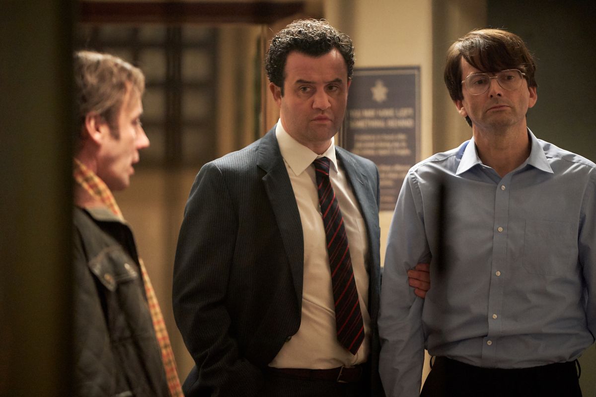 Detective Chief Inspector Peter Jay (Daniel Mays) with Dennis Nilsen (David Tennant) in ITV&#039;s &quot;Des.&quot;