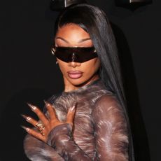 Megan Thee Stallion arrived at the Roberto Cavalli Milan Fashion Week show in a thong-revealing naked dress