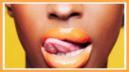 woman with heart shaped lollipop, woman licking her lips, woman wearing orange lipstick