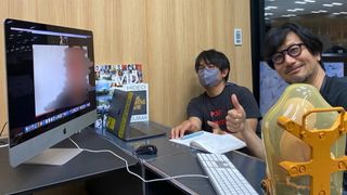 Hideo Kojima and a masked colleague on a video chat with a blurred-out individual