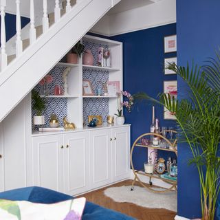 living room with blue wall open shelve and potted plant