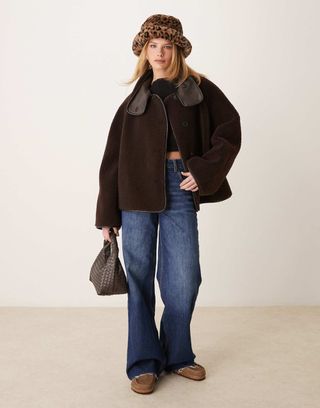 Gina Tricot Oversized Reversible Borg Jacket With High Funnel Neck in Dark Brown With Edging