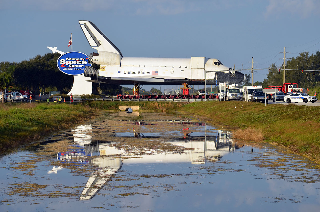 After almost two decades, a full-size space shuttle model was moved on Sunday, Dec. 11, 2011, from Kennedy Space Center Visitor Complex to make space for a real shuttle.