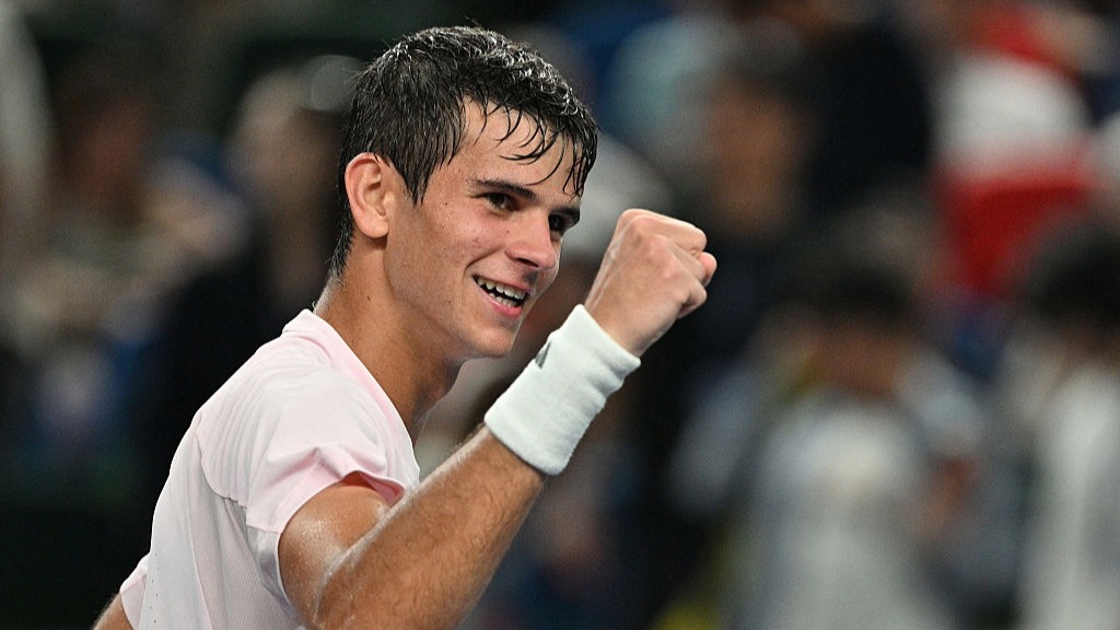 Rafael Jodar pumps his fist after winning a match at the Shanghai Masters 2026