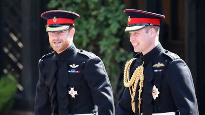 Prince Harry arrives at his wedding to Ms. Meghan Markle with his best man Prince William, Duke of Cambridge at St George's Chapel at Windsor Castle on May 19, 2018 in Windsor, England. 