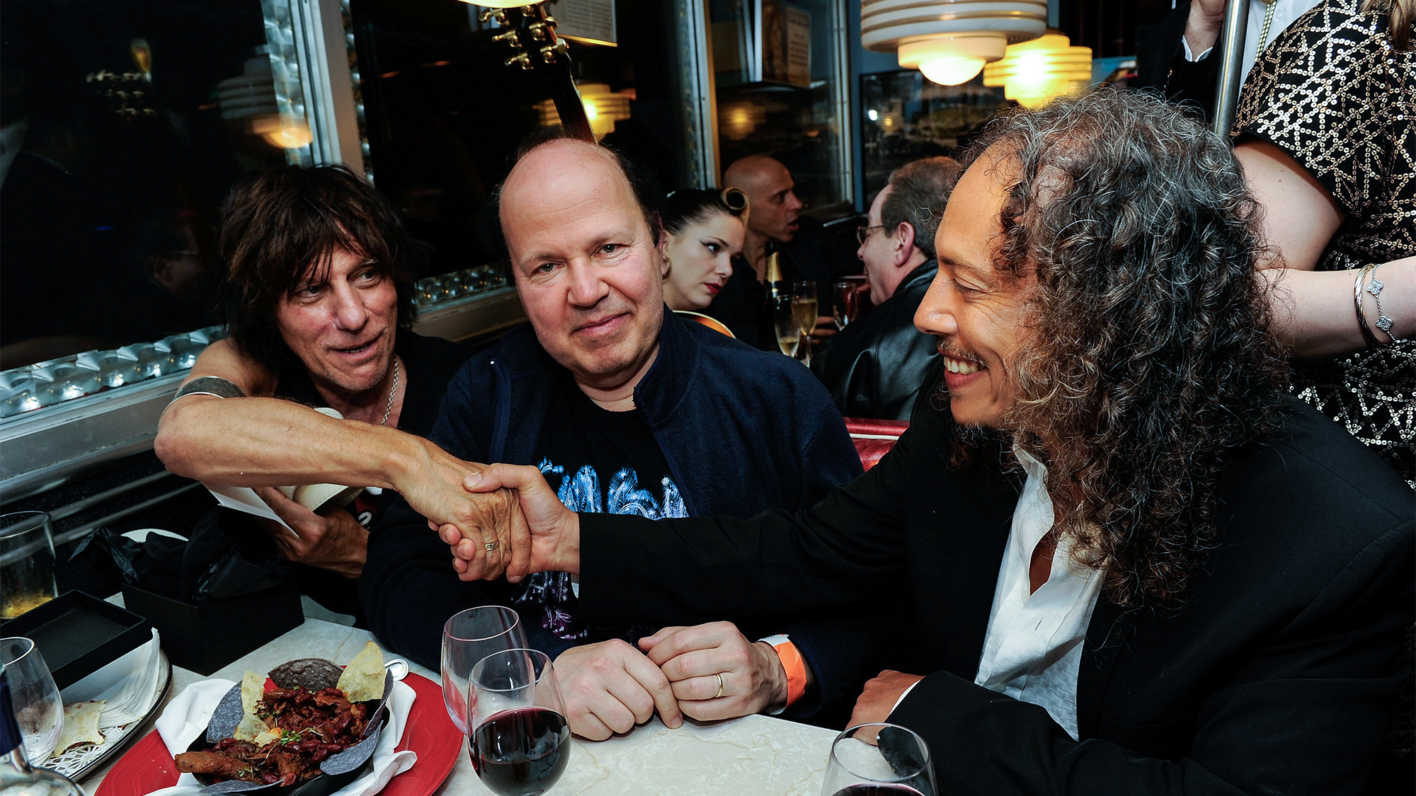 Jeff Beck, Jan⁢ Hammer, and Kirk Hammett at ​the afterparty for Les⁤ Paul's ‍95th birthday at Iridium Jazz Club on June 9, 2010.