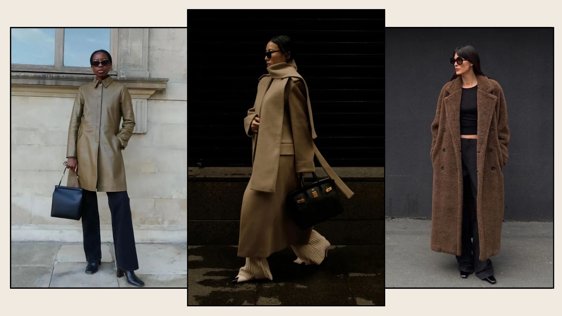 Woman wears leather coat; woman wears scarf coat; woman wears teddy coat