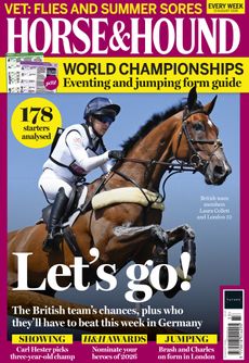 Cover of Horse and Hound featuring a shot from below of Laura Collett and London 52 jumping 