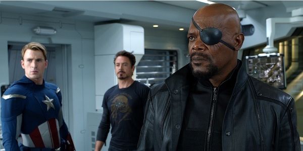 Nick Fury with Captain American and Iron Man In The Avengers