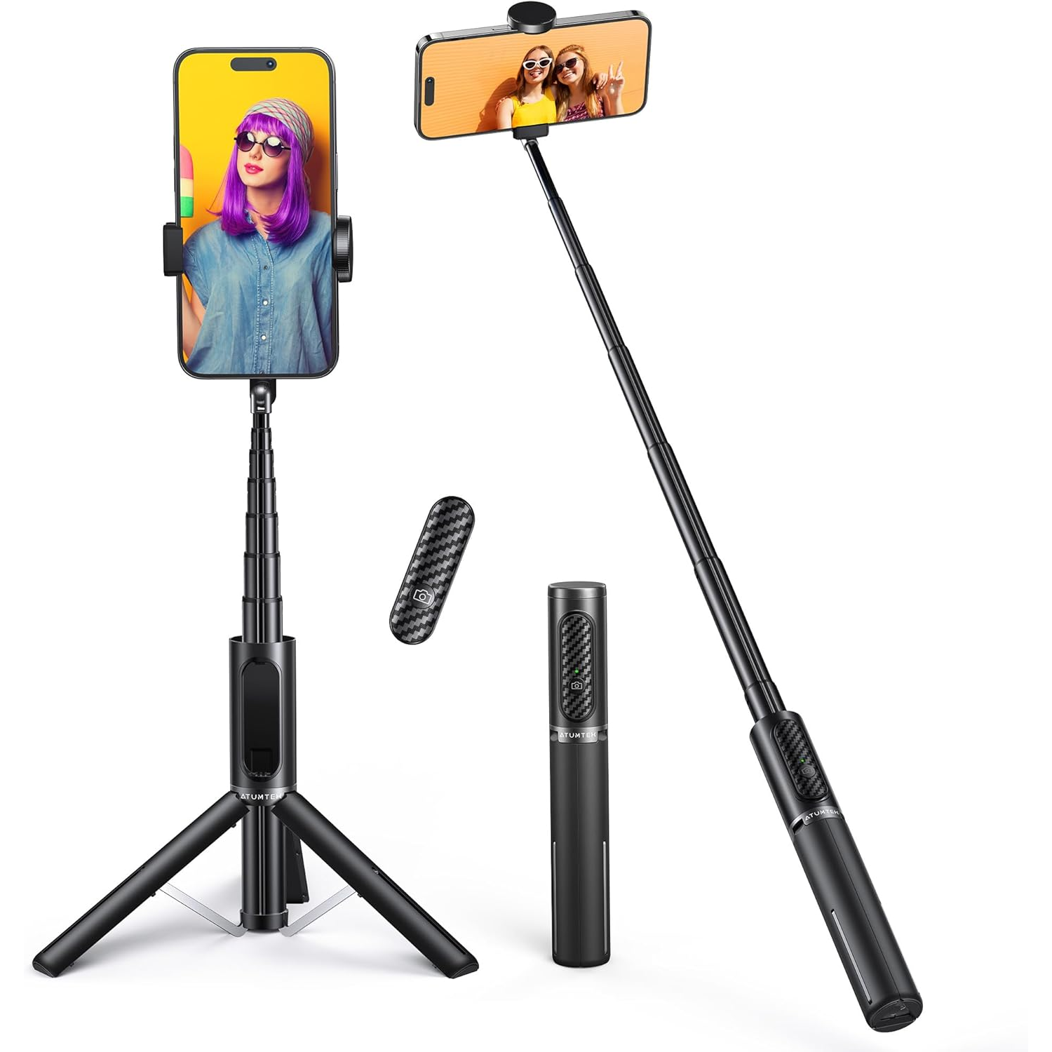 Atumtek Selfie Stick Tripod holding a phone on a white background