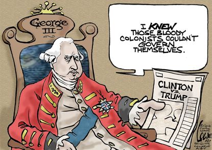 Political cartoon World King George III Hillary Clinton Donald Trump 2016 election