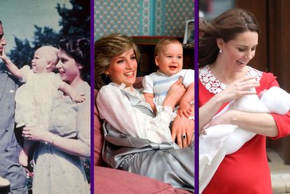 Queen Elizabeth II holding Princess Anne as a baby, split layout with Princess Diana holding Prince William as a baby and Kate Middleton holding a baby Prince Louis