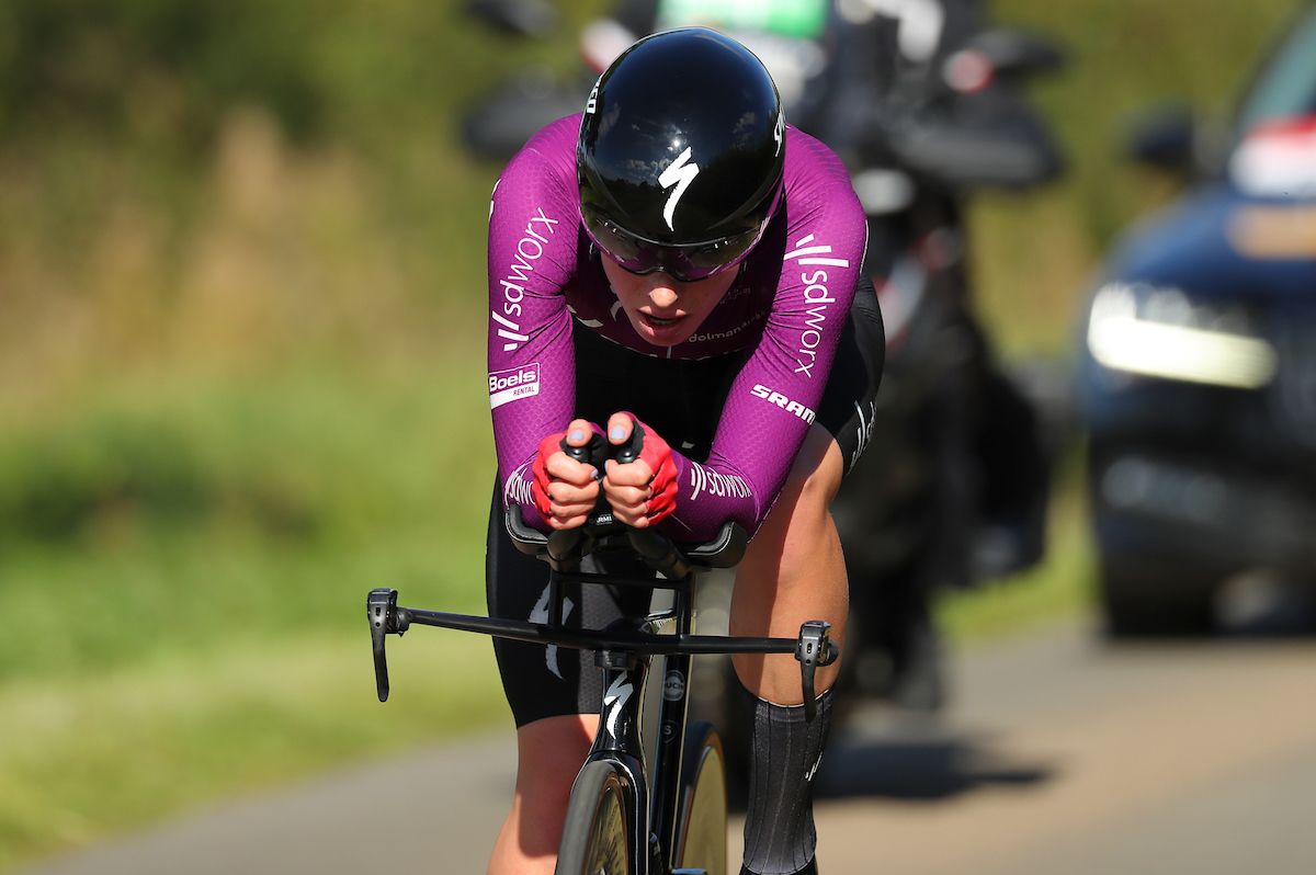 SD Worx&#039;s Demi Vollering on her way to winning the individual time trial stage of the Women&#039;s Tour of Britain.