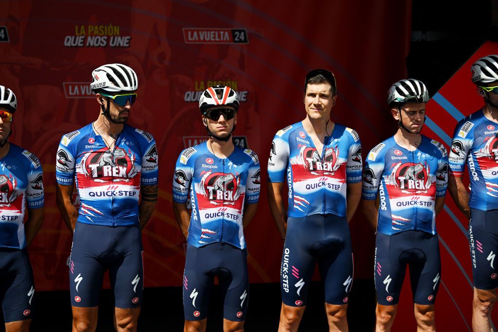 FUENTE DEL MAESTRE SPAIN AUGUST 21 LR William Junior Lecerf of Belgium and Louis Vervaeke of Belgium and Team TRex Quick Step with teammates prior to La Vuelta 79th Tour of Spain 2024 Stage 5 a 177km stage Fuente del Maestre to Seville UCIWT on August 21 2024 in Fuente del Maestre Spain Photo by Dario BelingheriGetty Images