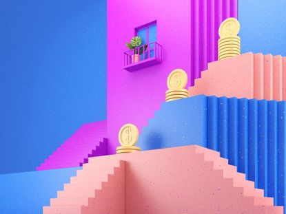 digital rendition of real estate investment with bright pink and blue buildings and stacks of coins
