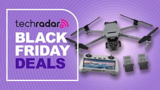 DJI Mavic 3 Pro drone and controller on a purple background with black friday deals text overlay