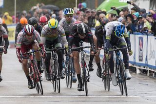 Michael Matthews throws his bike to take the stage 2 win Thursday at the 2015 Tour of Alberta.