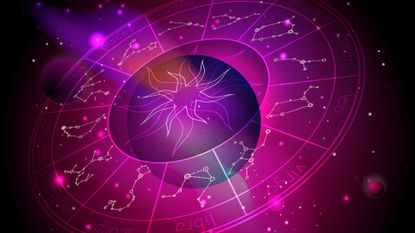 Mercury retrograde September 2022: Vector illustration of Horoscope circle with Zodiac signs against the space background with planets, stars. Sacred symbols in red and purple colors. In perspective.