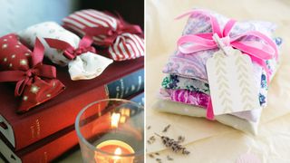 scented schets made with dried lavender and fabrics to suggest how to make your house smell good
