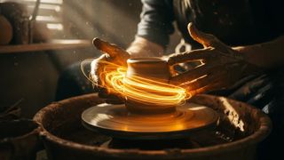 An image generated by Google Imagen 3 of a potter's hands on a potting wheel with light trails