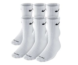 Nike Dri-Fit Cushion Crew Training Socks (6 Pair) White With Traditional Black Swoosh Logo Adult Large 8-12 Unisex