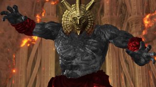 A comedic image of Elden Ring's Hoarah Loux boss edited to make him look like Dagoth Ur from The Elder Scrolls III: Morrowind.