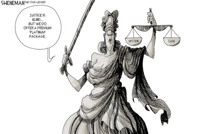 Political Cartoon U.S. Blind Lady Justice Epstein Case Corruption