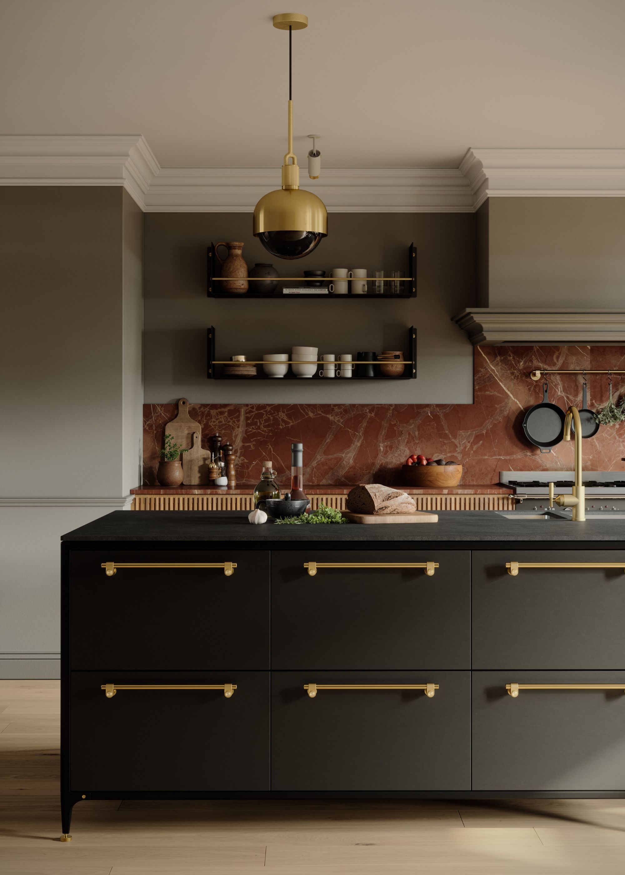 A modern kitchen with a dark taupe-green wall color with a red marble splashback, fluted wood cabinetry and an island with a dark gray countertop and dark gray cabinets with long gold handles