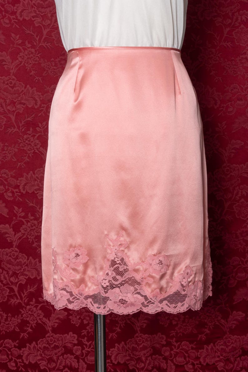 1990s Victoria's Secret Silk Salmon Pink Lace Slip Skirt