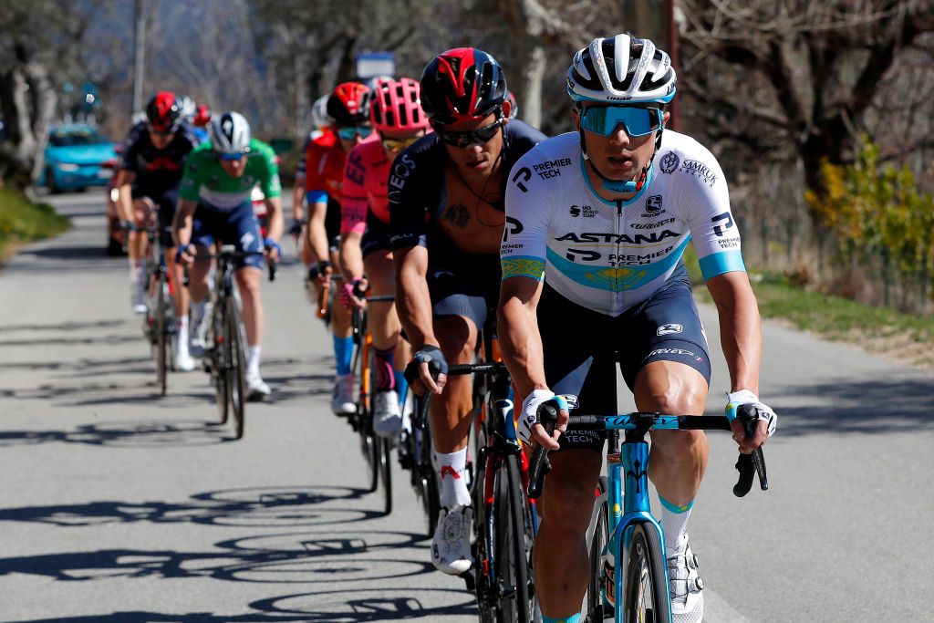 VALDEBLORE LA COLMIANE FRANCE MARCH 13 Alexey Lutsenko of Kazahkstan and Team Astana Premier Tech during the 79th Paris Nice 2021 Stage 7 a 119km stage from Le Broc to Valdeblore La Colmiane 1501m Breakaway Stage itinerary redesigned due to COVID19 lockdown imposed in the city of Nice ParisNice on March 13 2021 in Valdeblore La Colmiane France Photo by Bas CzerwinskiGetty Images