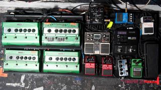 A recent configuration of Dave's pedalboard – the four DL4s are a constant