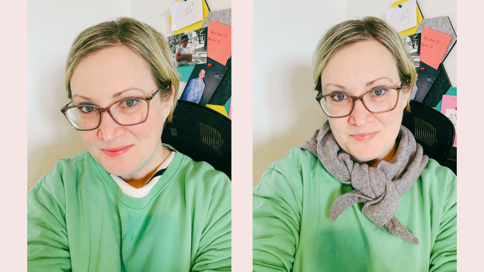 Writer Heidi Scrimgeour with and without the triangle scarf