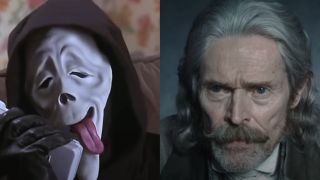 Ghostface with his tongue out and Willem Dafoe in Nosferatu split image