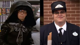 Rick Moranis confused in Spaceballs and Josh Gad smiling while eating a Churro at Disneyland, pictured side by side.