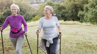Does exercise help arthritis? Image shows older women doing Nordic walking