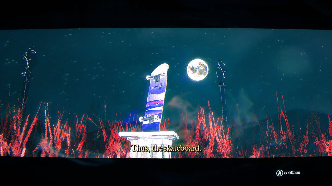 Skateboard on pedestal under moon in Skate Story with text "Thus, the Skateboard"