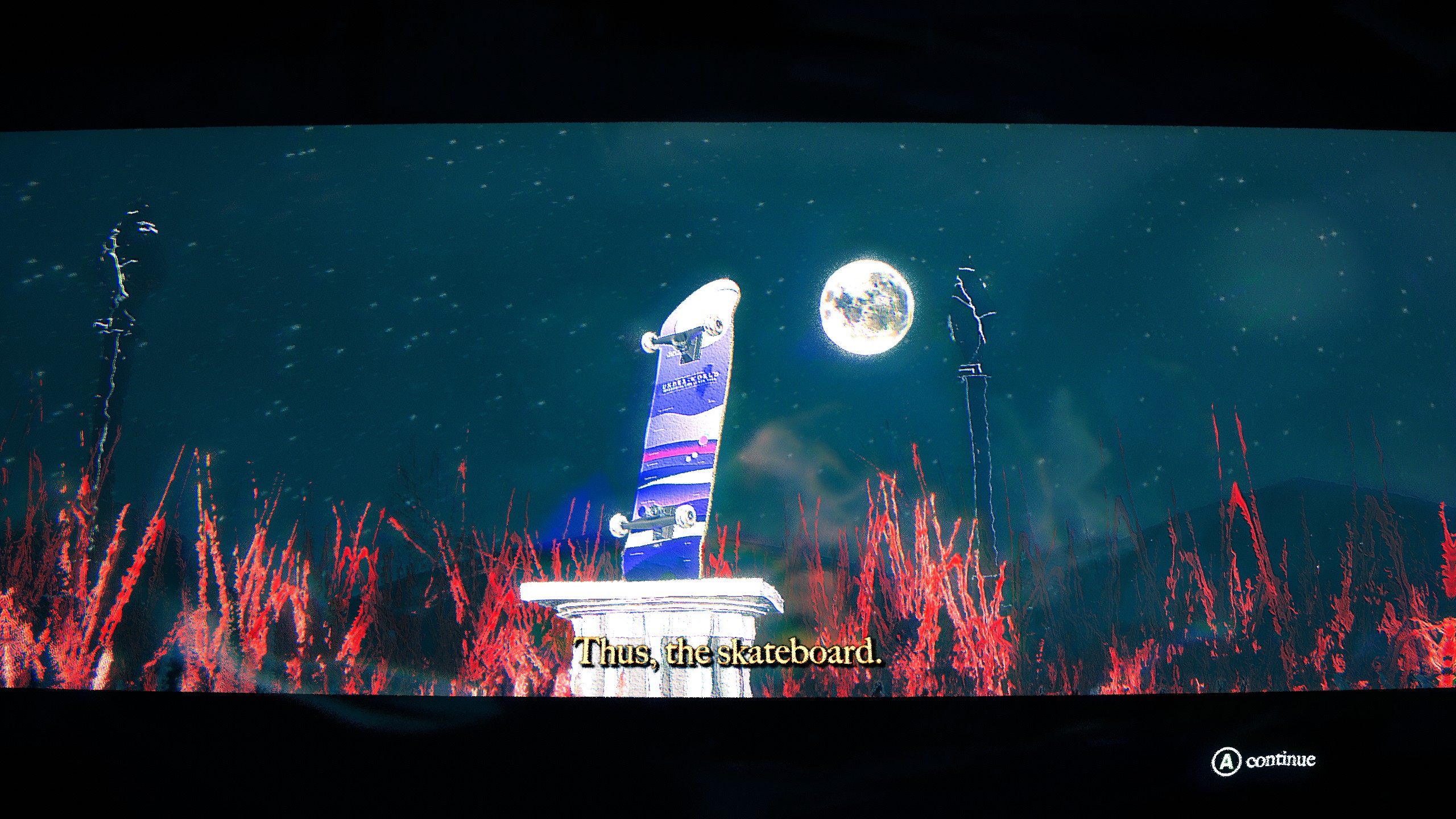 Skateboard on pedestal under moon in Skate Story with text "Thus, the Skateboard"