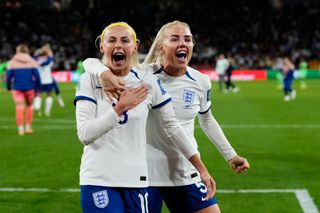 Chloe Maggie Kelly of England and Manchester City and Alex Greenwood of England and Manchester City celebrate victory after the FIFA Women's World Cup Australia & New Zealand 2023 Round of 16 match between England and Nigeria at Brisbane Stadium on August 7, 2023 in Brisbane, Australia.