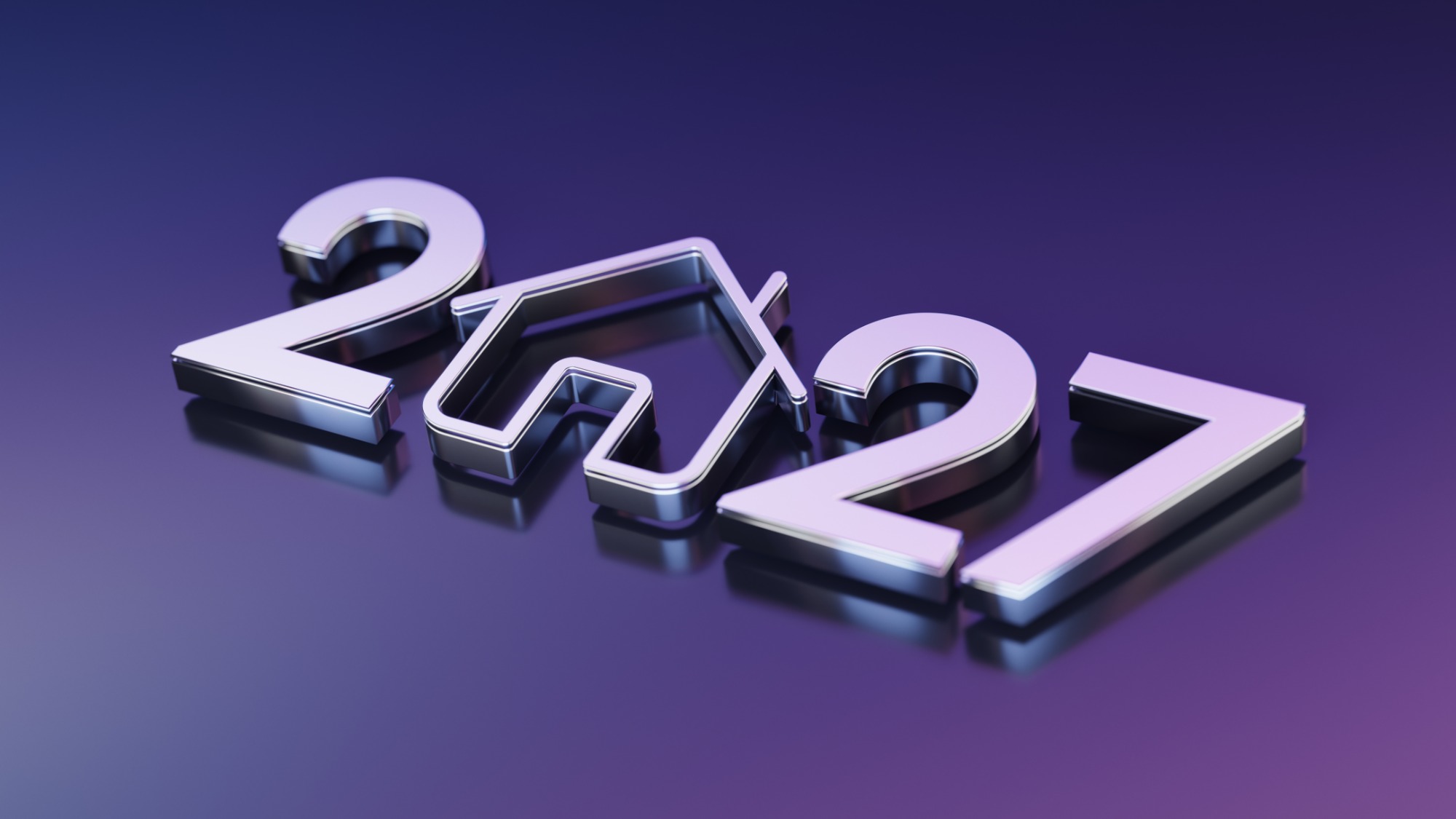 Shiny chrome 2027 numbers with a stylized house icon on a reflective purple surface