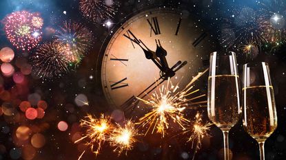 Concept art of New Year's Eve with a clock about to strike 12, fireworks and champagne