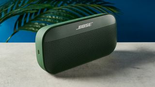 a green bluetooth speaker made by bose with a clean plastic casing and no visible woofers rests on a table