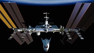 An artist's rendering of Dream Chaser approaching the International Space Station.