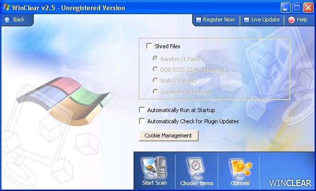 Winclear Image: In the options menu, you can shred files and determine if the program automatically runs when you startup windows or checks for plugin updates.