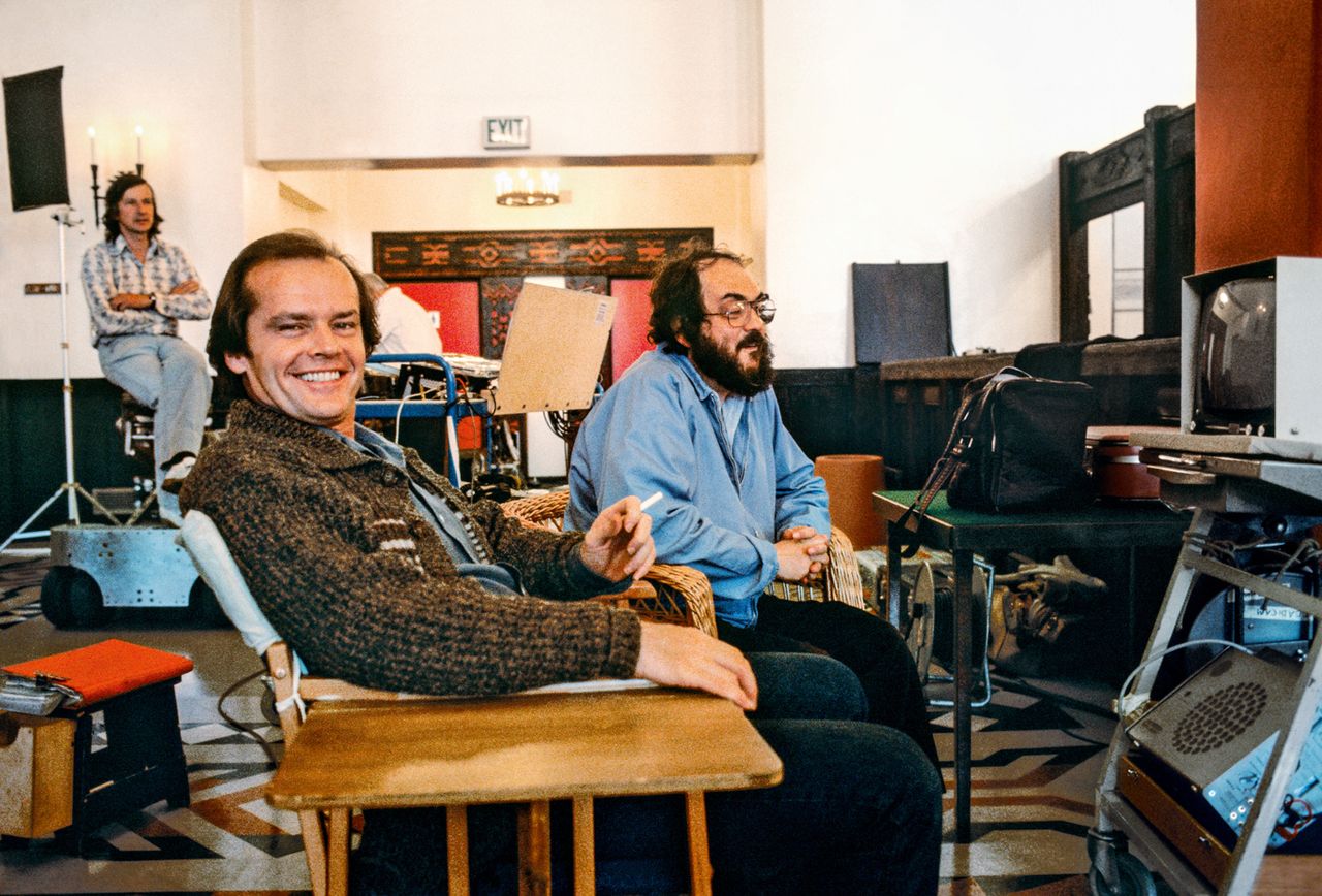 Stanley Kubrick&#039;s the shining: Jack Nicholson and Stanley Kubrick on The Overlook Lobby set at Elstree Studios, with sound recordist Ivan Sharrock