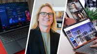 A blond long-haired white man with dark-rimmed glasses in the centre of a composite image, with a laptop on a red table to the left, and a rollable laptop with a very tall screen on the right