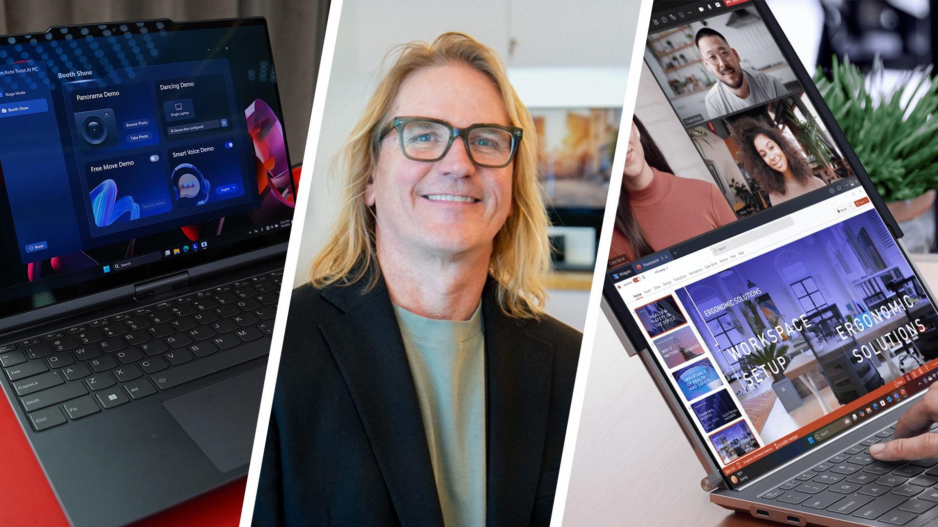 A blond long-haired white man with dark-rimmed glasses in the centre of a composite image, with a laptop on a red table to the left, and a rollable laptop with a very tall screen on the right